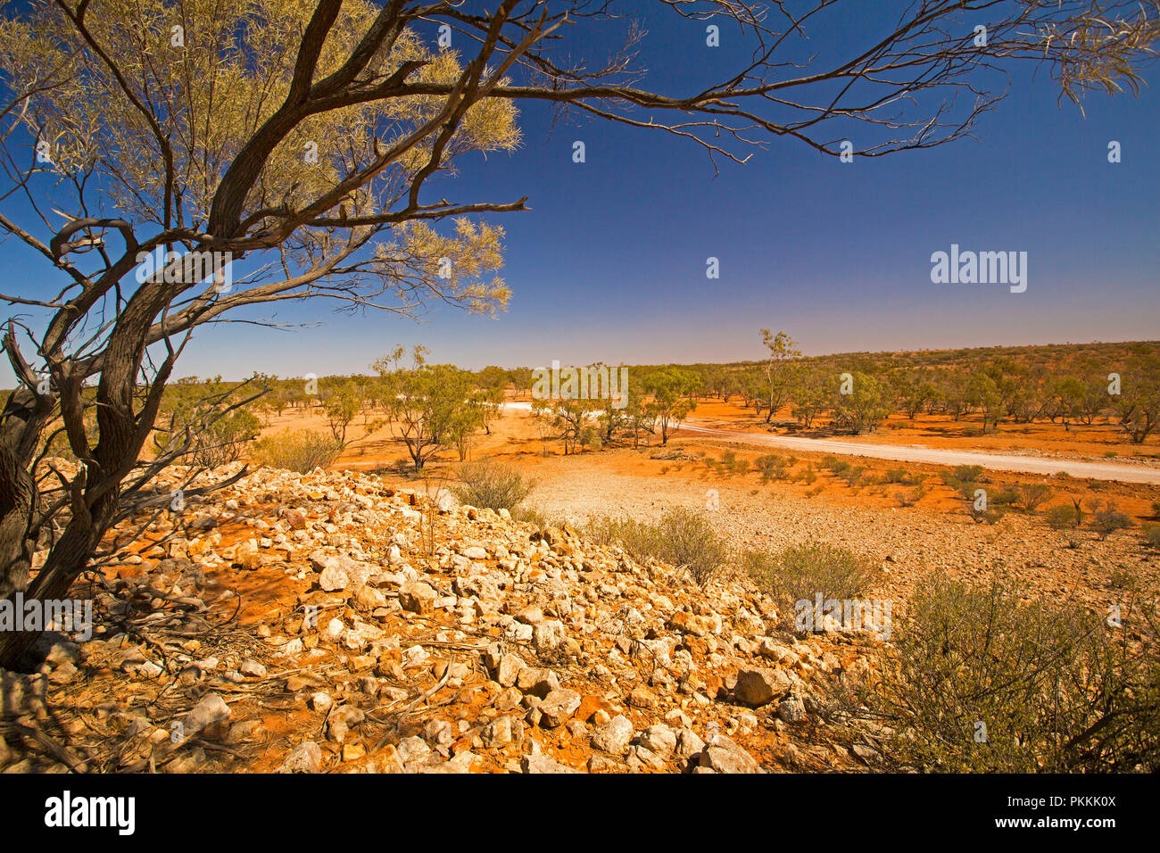 Vista dalla collina pietroso di outback australiano paesaggio con road per affettare attraverso pianure, punteggiato di alberi che tendere all'orizzonte sotto il cielo blu in Qld Foto Stock