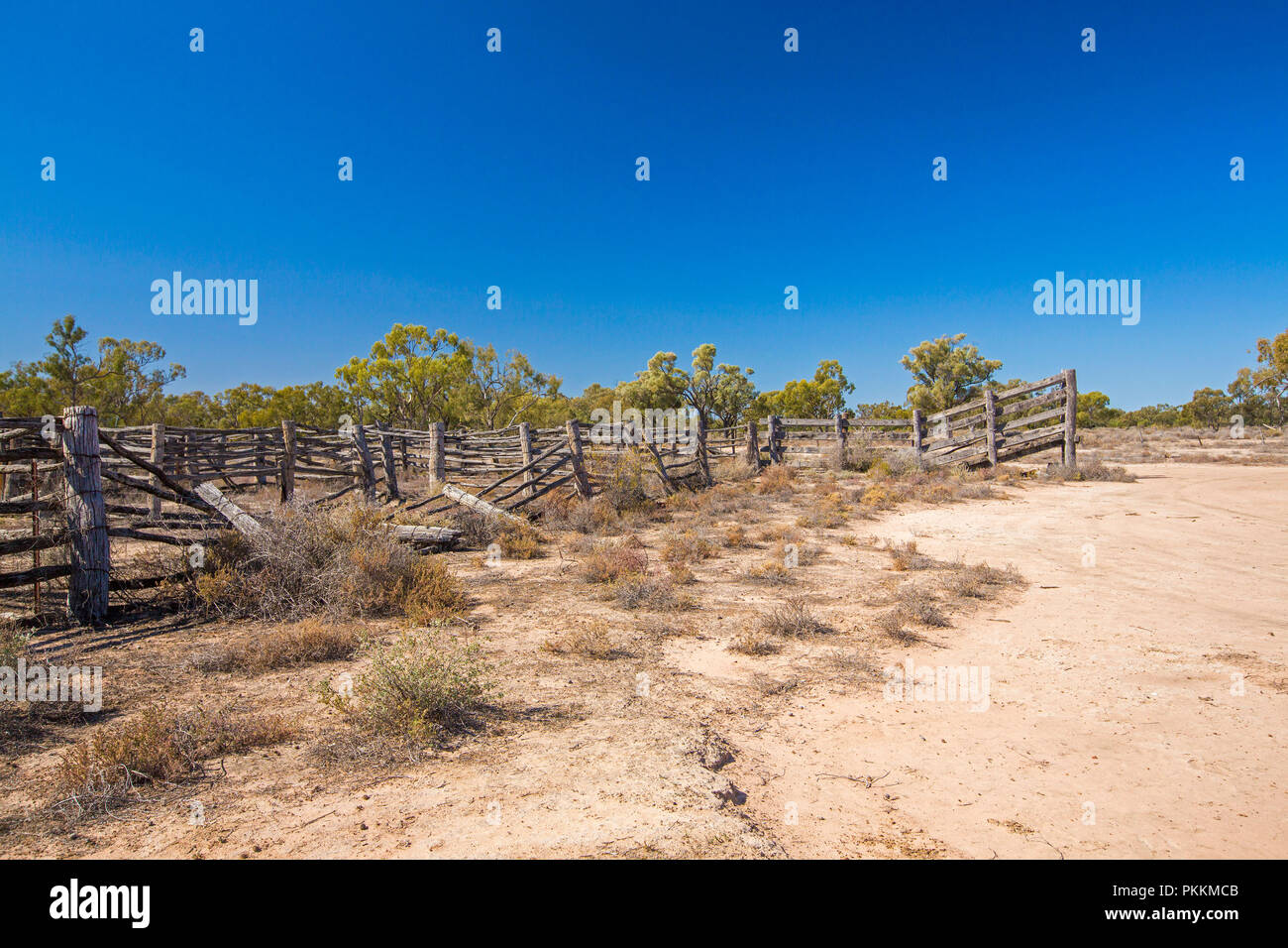 Arido entroterra australiano di paesaggio con decadendo vecchi cantieri del bestiame in pianure intonacato con bassa vegetazione sotto il cielo blu durante la siccità nel Queensland Foto Stock