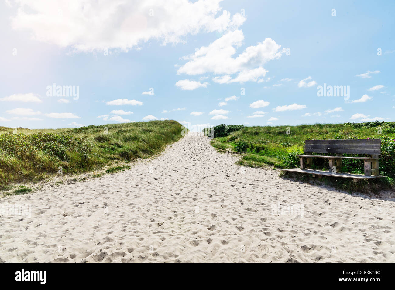 Il sentiero che conduce alla spiaggia in erba dune coperte Foto Stock