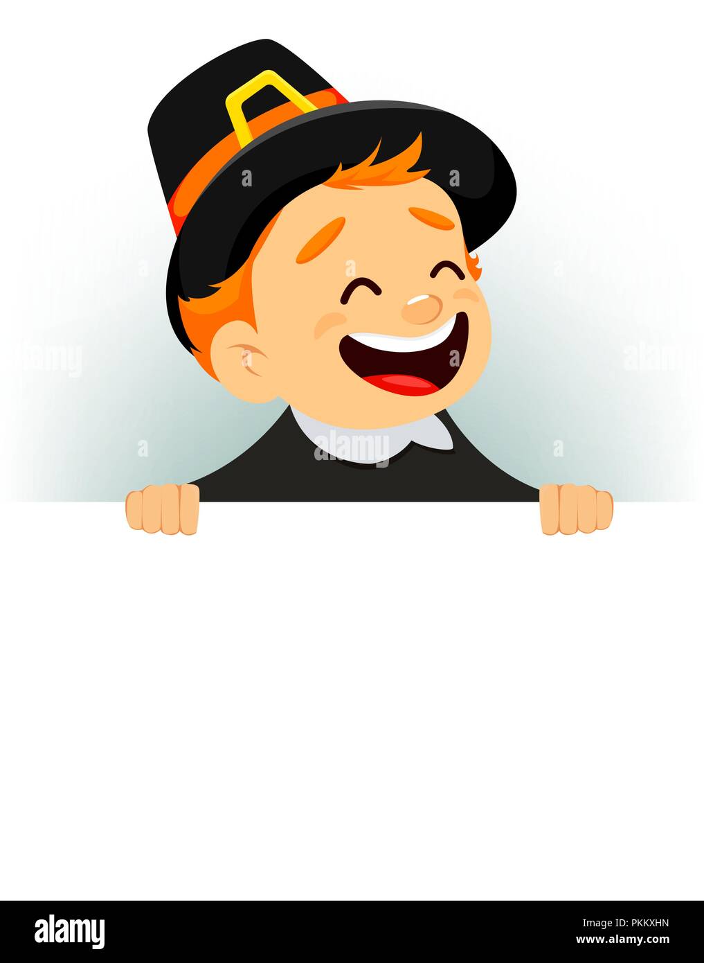 Ringraziamento biglietto di auguri con uomo canadese indossando un cappello del pellegrino e azienda targhetta vuota. Divertente personaggio dei fumetti per la vacanza. Illustrazione Vettoriale Illustrazione Vettoriale