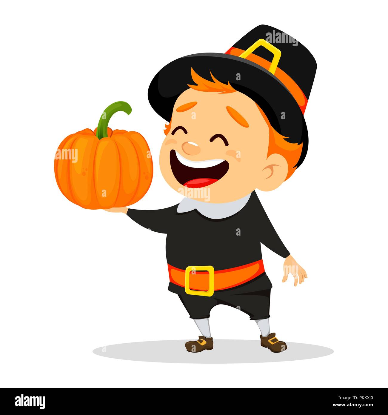 Ringraziamento biglietto di auguri con uomo canadese indossando un pellegrino hat holding di zucca. Divertente personaggio dei fumetti per la vacanza. Illustrazione Vettoriale Illustrazione Vettoriale