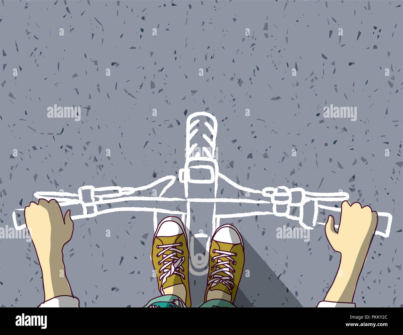 Giovane uomo piedi e bicicletta dipinta su asfalto vista superiore Illustrazione Vettoriale