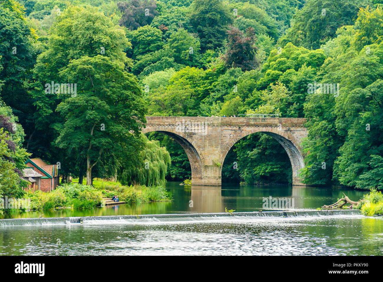Vista dalla valle di Prebends Bridge, uno dei tre-pietra ponti ad arco in Durham, Regno Unito Foto Stock