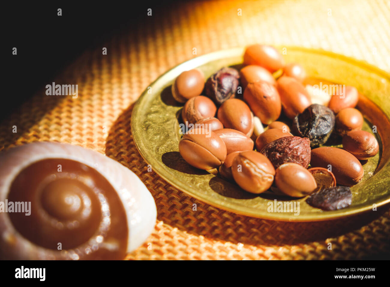 I dadi di Argan semi sulla piastra - Argan è un antiossidante utilizzato per produrre olio per la pelle Foto Stock