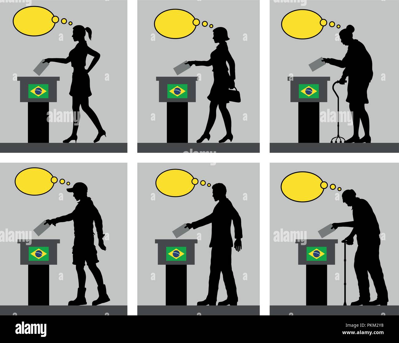 I cittadini brasiliani il voto alle elezioni in Brasile con bolle di pensiero. Tutti gli oggetti di silhouette e gli sfondi sono in diversi strati. Illustrazione Vettoriale