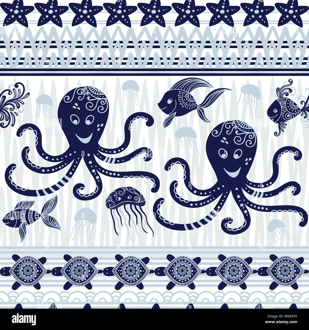 Stripe pattern senza giunture con mare animali subacquei. Cartoon carino meduse, polpo, stelle marine e tartarughe. Sfondo marino per i bambini. Perfetto per la stampa tessile, design di tessuto e tessuto Illustrazione Vettoriale