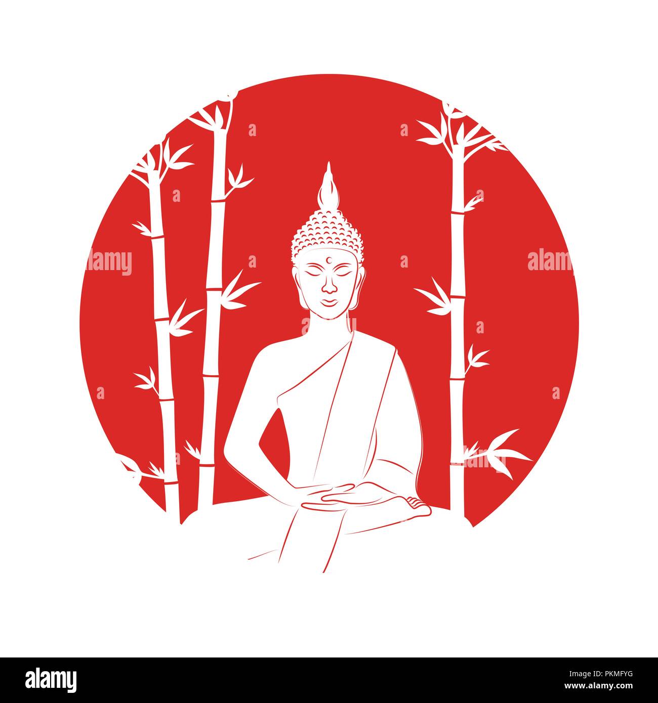 Silhouette di Buddha seduto in lotus pongono su uno sfondo rosso con bambù illustrazione vettoriale EPS10 Illustrazione Vettoriale