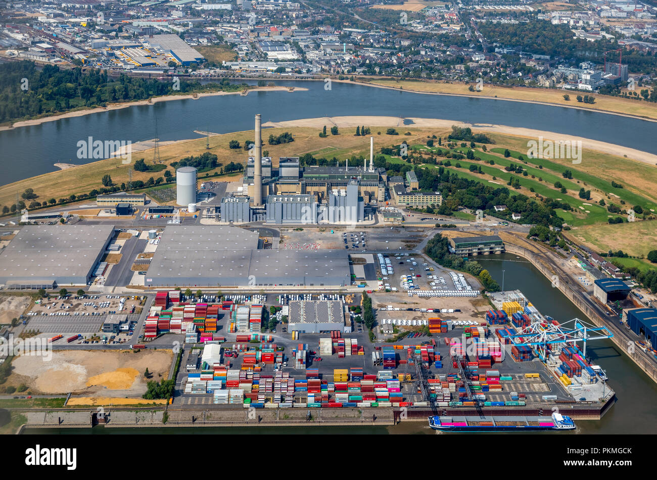 Vista aerea, Lausward Power Plant, Reno, Rheinbogen, centrale a ciclo combinato, Lausward Power Plant, acqua bassa sul Reno Foto Stock