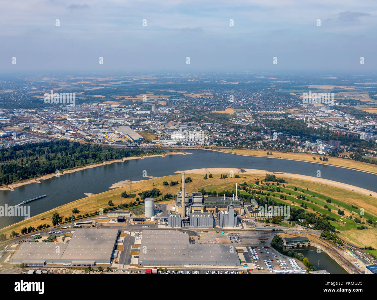 Vista aerea, Lausward Power Plant, Reno, Rheinbogen, centrale a ciclo combinato, Lausward Power Plant, acqua bassa sul Reno Foto Stock