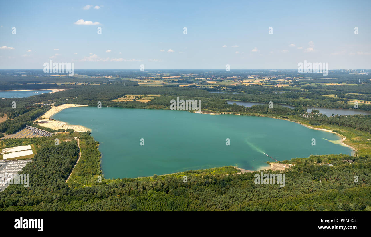 Vista aerea, il più famoso Lido della regione della Ruhr si trova presso il Silbersee II lago in Haltern am See, lido, l'acqua turchese Foto Stock