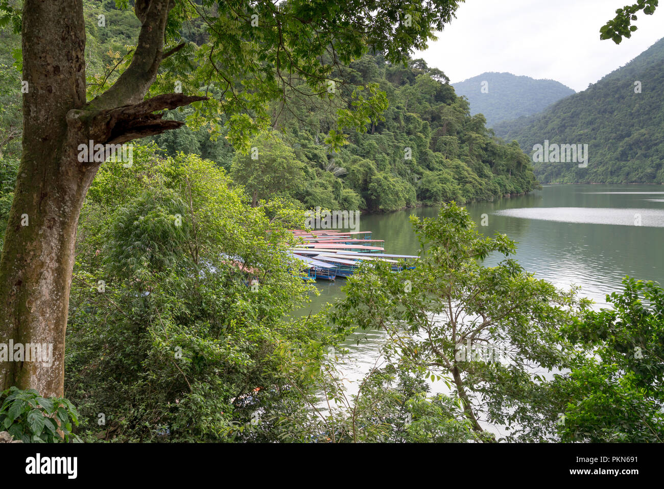 Un pontile che serve i turisti su Ba essere lago in Bac Kan Provincia, Vietnam Foto Stock