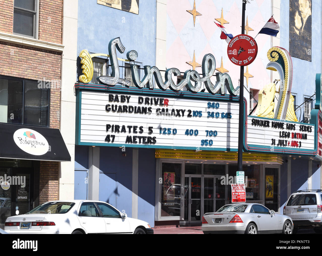 Old movie theatre marquee sign in Cheyenne Wyoming Foto Stock