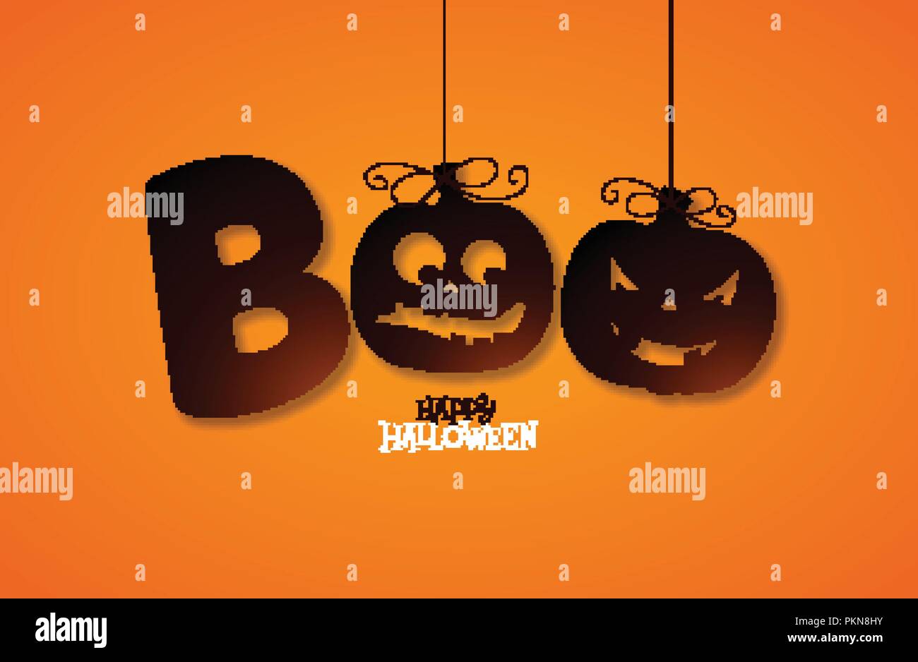 Boo, happy Halloween design con la tipografia di scritte su sfondo arancione. Vacanze vettoriale modello di progettazione per il biglietto di auguri, flyer, celebrazione poster o un invito alla festa. Illustrazione Vettoriale