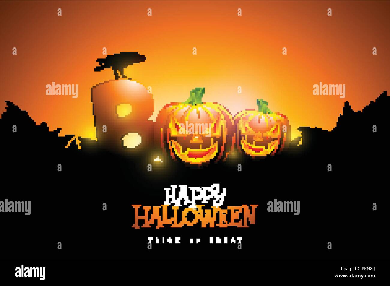 Boo, happy Halloween design con caratteri tipografici, luna, mazze battenti ed il cimitero su sfondo arancione. Vacanze vettoriale modello di progettazione per il biglietto di auguri, flyer, celebrazione poster o un invito alla festa. Illustrazione Vettoriale