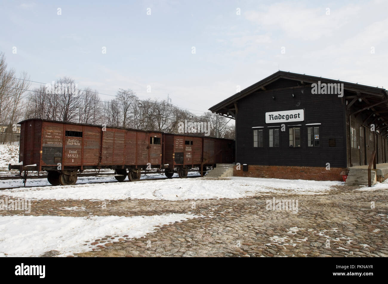 Una linea ferroviaria bovini carrello al memorial a Radegast stazione ferroviaria museum di Lodz, Polonia. Da qui 200000 ebrei furono inviati a Nazi nei campi della morte durante Foto Stock