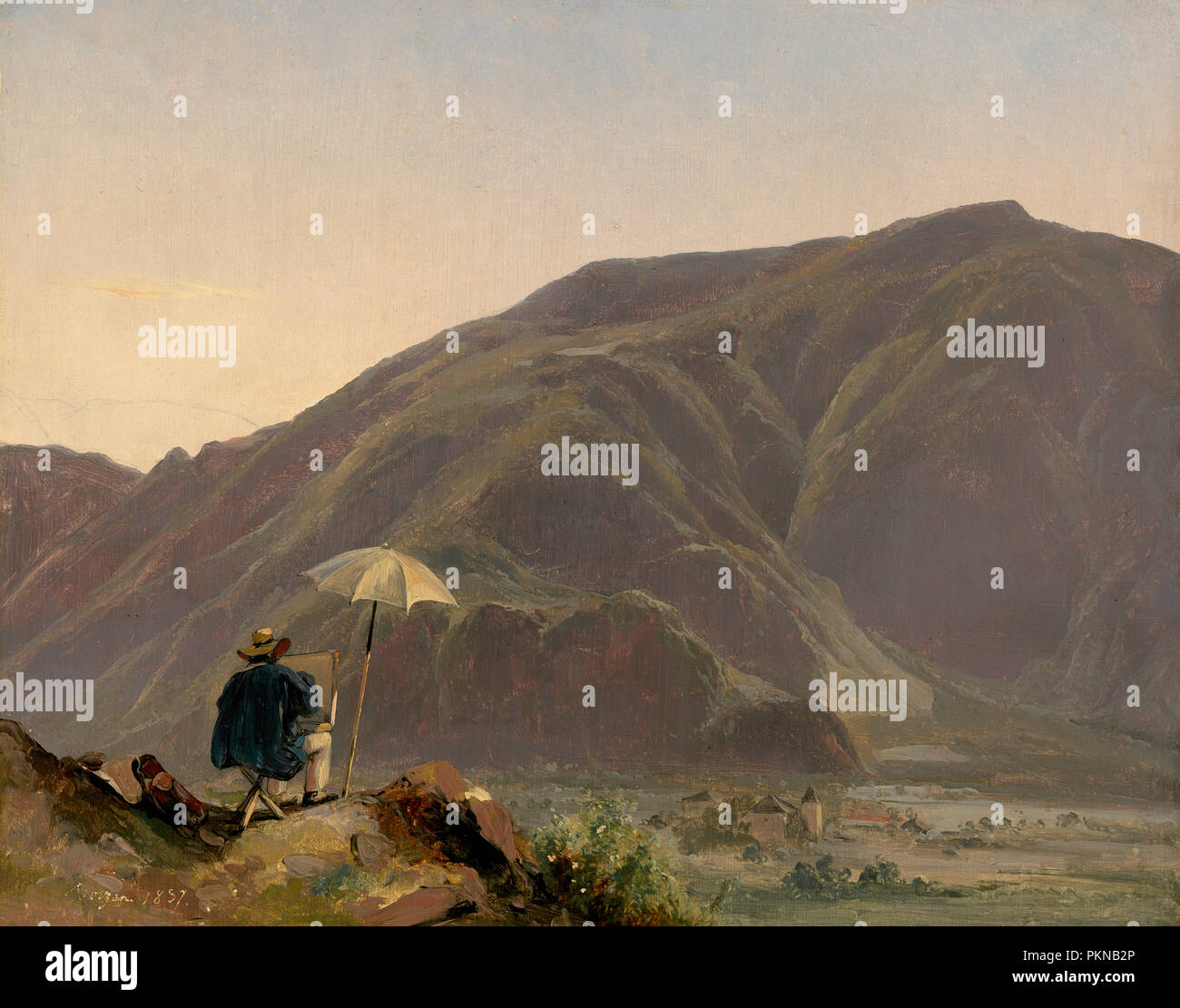 Vista di Bolzano con un pittore. Data: 1837. Dimensioni: complessivo: 31 x 39 cm (12 3/16 x 15 3/8 in.) incorniciato: 43,8 x 51,4 x 5,1 cm (17 1/4 x 20 1/4 x 2 in.). Medium: Olio su carta su tela. Museo: National Gallery of Art di Washington DC. Autore: Jules Coignet. Foto Stock Vista di Bolzano con un pittore. Data: 1837. Dimensioni: complessivo: 31 x 39 cm (12 3/16 x 15 3/8 in.) incorniciato: 43,8 x 51,4 x 5,1 cm (17 1/4 x 20 1/4 x 2 in.). Medium: Olio su carta su tela. Museo: National Gallery of Art di Washington DC. Autore: Jules Coignet. Foto Stock