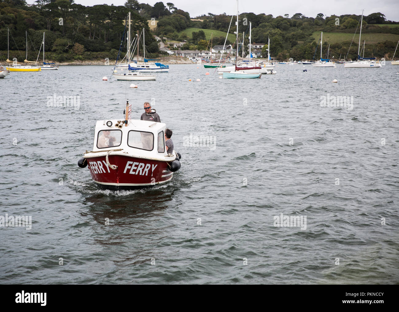Un piccolo traghetto che trasportano i turisti pendolari e passeggeri attraverso il Fiume Helford passaggio in Cornwall, Regno Unito Foto Stock