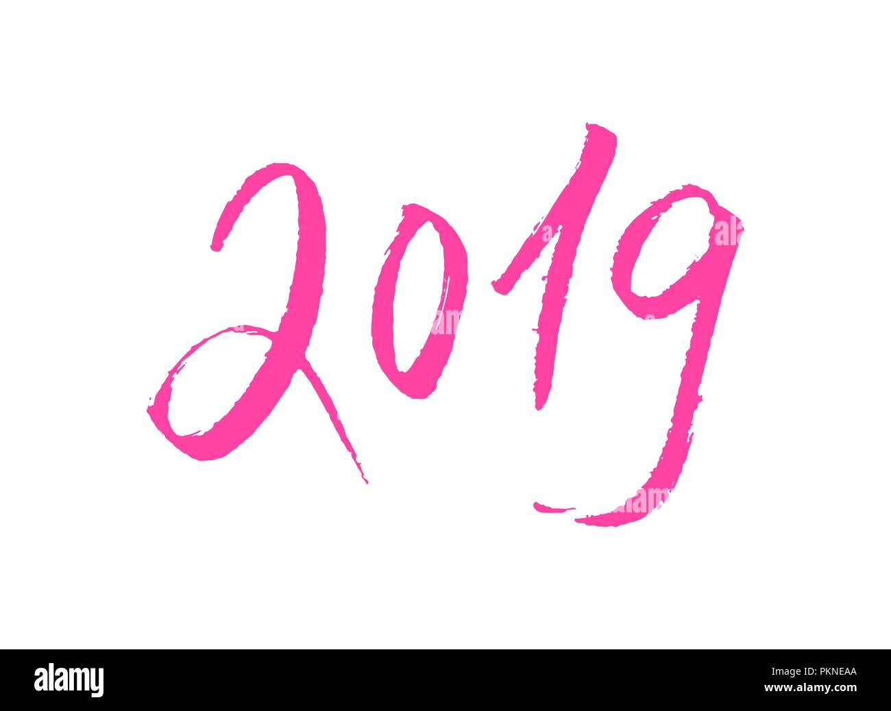 2019 colore rosa con numeri disegnati a mano scritte. Simbolo isolato o segno con Brushlettering gli scarabocchi. Utilizzare per il taglio laser e regalo di Natale Design Banner. Concetto di vettore Illustrazione Vettoriale