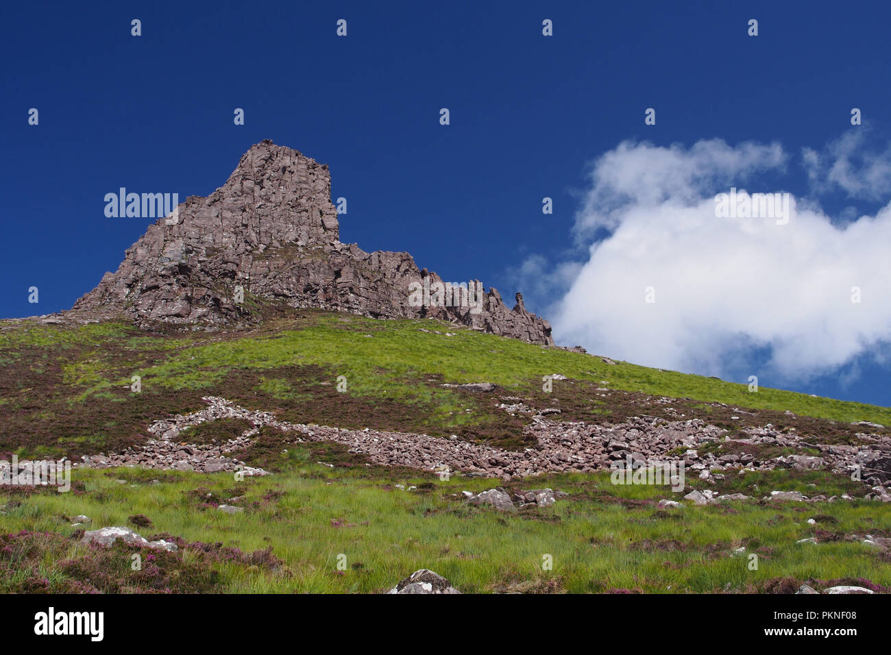 Una vista guardando fino al west end di Stac Pollaidh montagna da halway giù il percorso bagna con adeep cielo blu e nuvole bianche Foto Stock