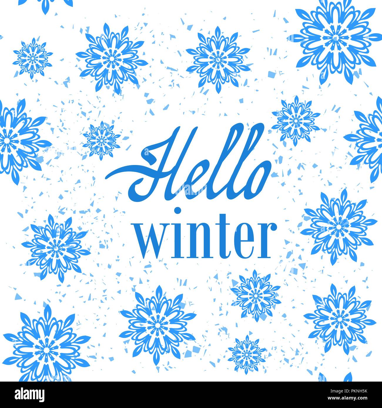 Ciao Inverno Poster tipografici. Disegnata a mano una frase. Scritte sul simbolo del fiocco di neve sullo sfondo Illustrazione Vettoriale