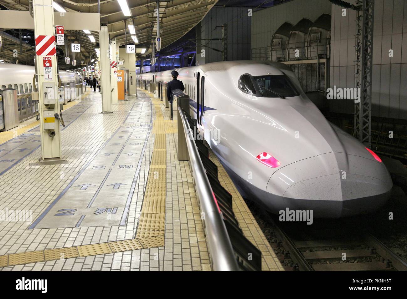 TOKYO, Giappone - 28 novembre 2016: Tokaido Shinkansen bullet train alla stazione di Tokyo, Giappone. Percorso di Tokaido è servita da Hikari e Nozomi Shinkansen tra Foto Stock