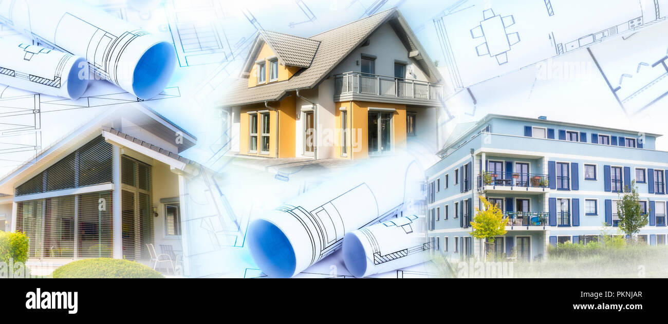Case moderne e blueprint come simbolo dell'industria della costruzione o settore immobiliare. Foto Stock