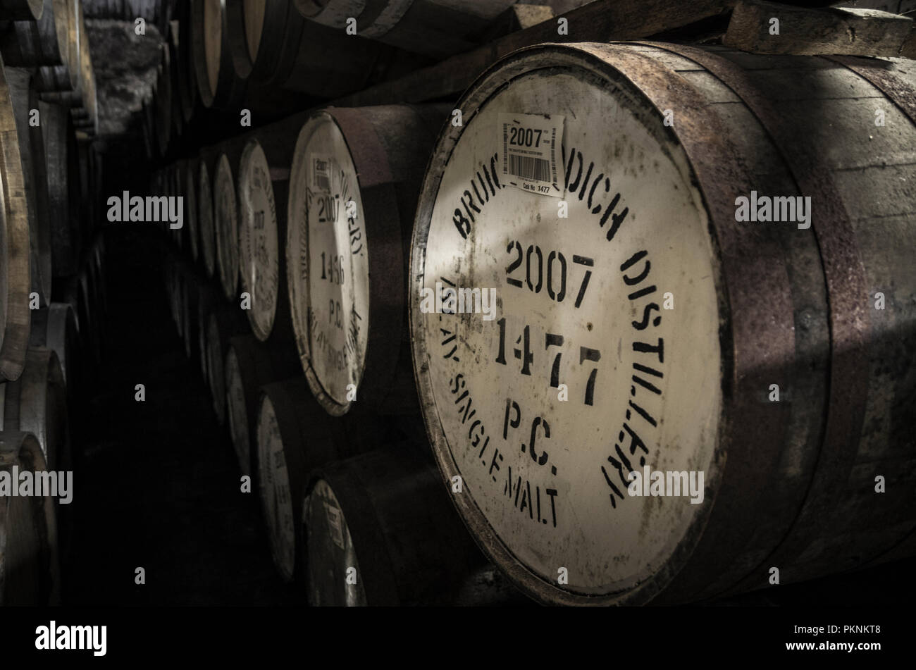In botti di rovere di whisky in magazzino, Islay, Scotland, Regno Unito Foto Stock