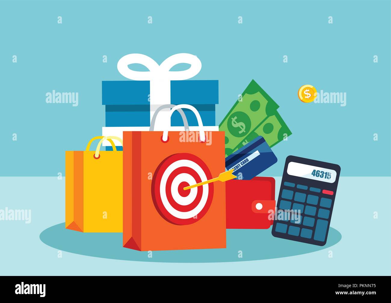 Shopping Concetto della promozione. Vettore di borse per lo shopping calcolatrice e sconto cliente Illustrazione Vettoriale