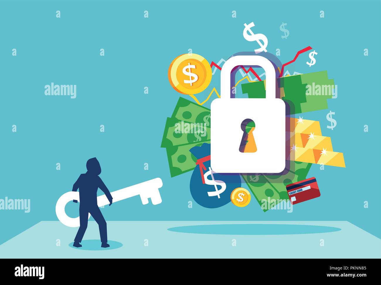 Business della sicurezza e il concetto di protezione. Vettore di un imprenditore con una chiave per il successo finanziario e la compensazione degli addetti Illustrazione Vettoriale