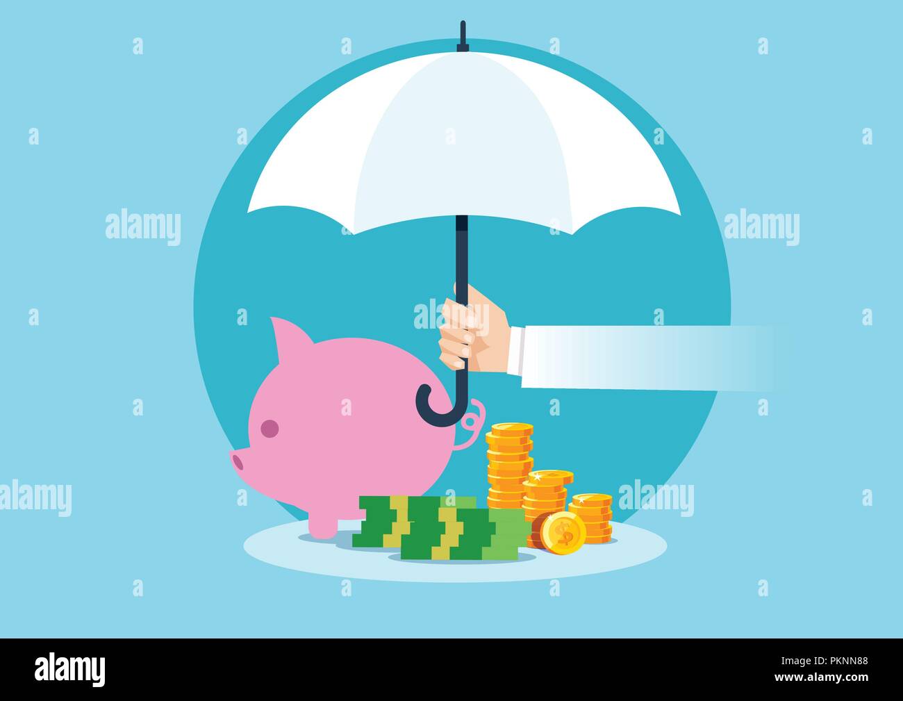 Vettore di una mano azienda ombrello per proteggere il denaro. Risparmi finanziari concetto. Illustrazione Vettoriale
