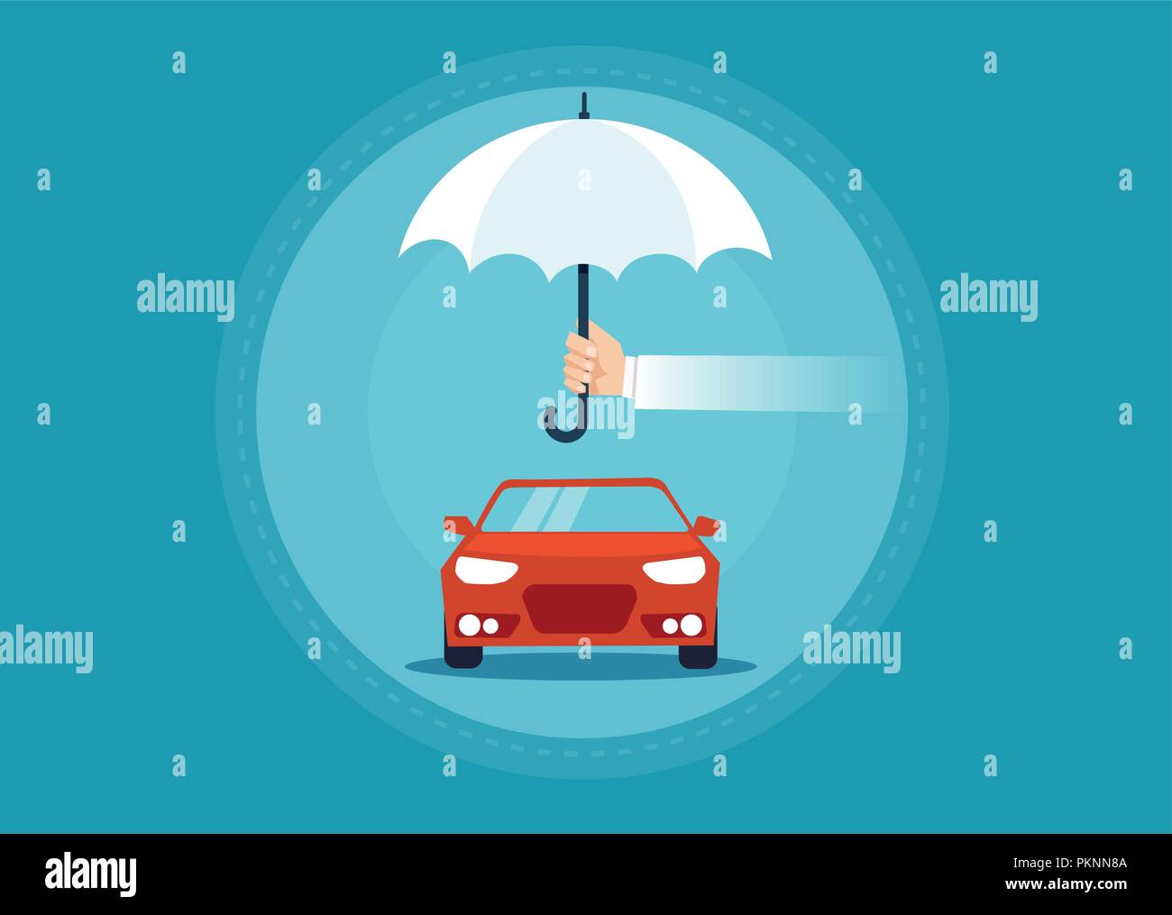 Vettore di un auto sotto ombrello come un simbolo per assicurazione automobilistica concetto. Illustrazione Vettoriale