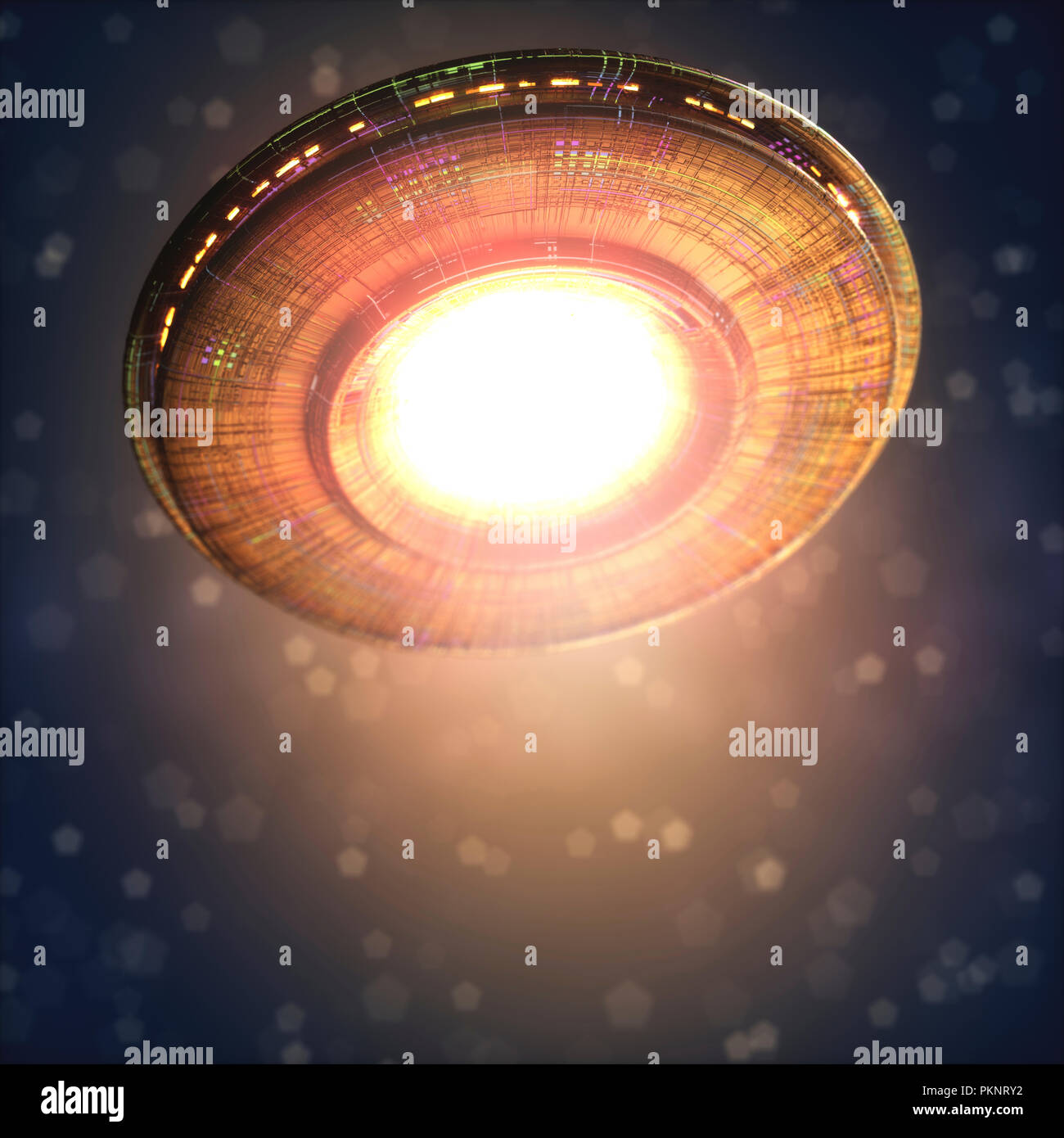 Alien nave spaziale nello spazio esterno, illustrazione. Foto Stock