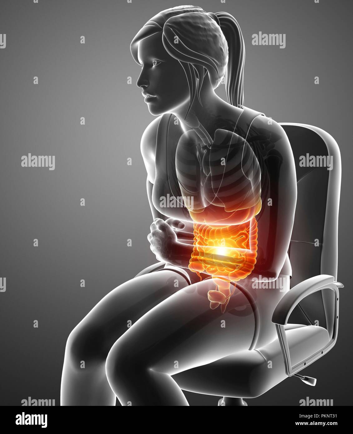 Donna con dolore addominale, illustrazione del computer. Foto Stock