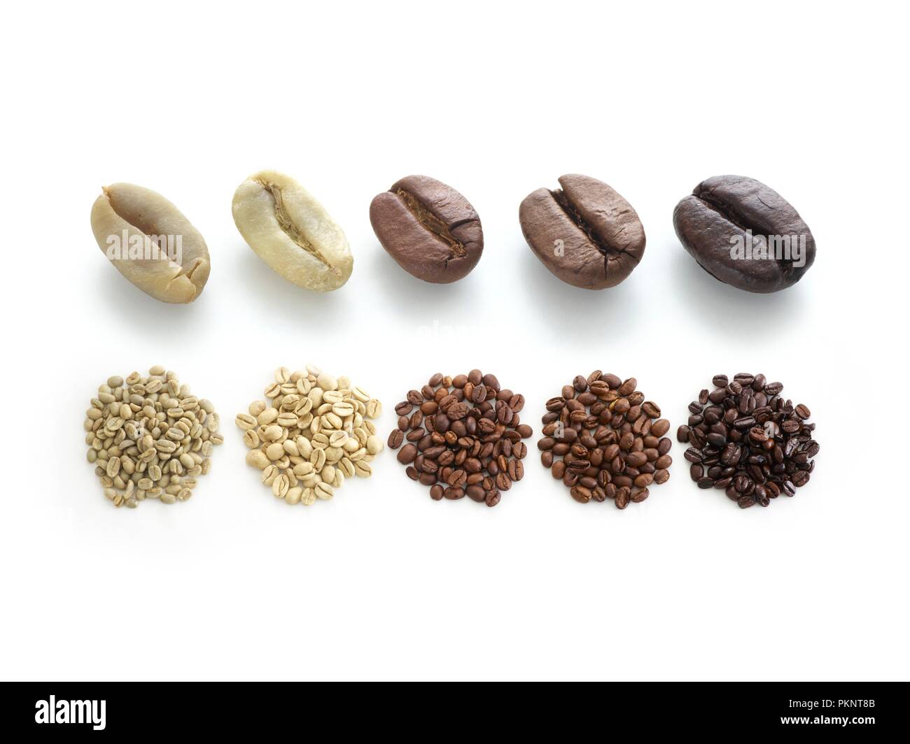 Raw, leggero, medio e dark roast i chicchi di caffè. Foto Stock
