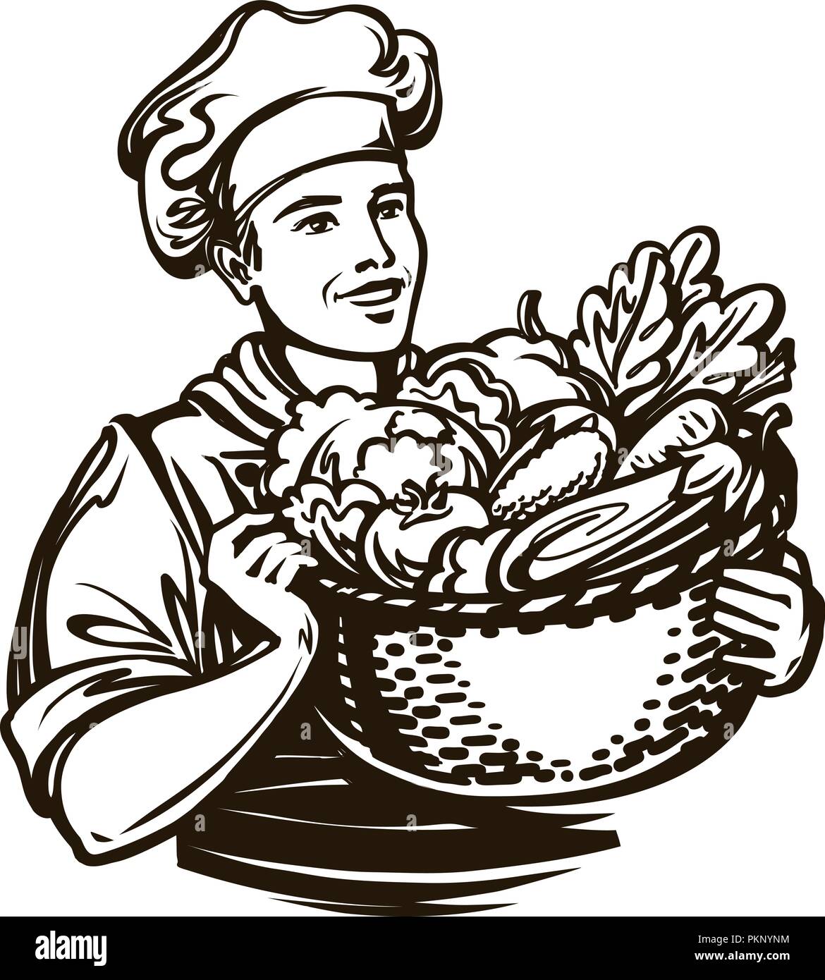 Cuocere con una cesta piena di verdure fresche. Cucina, cucina, cibo sano concetto. Schizzo vintage, illustrazione vettoriale Illustrazione Vettoriale