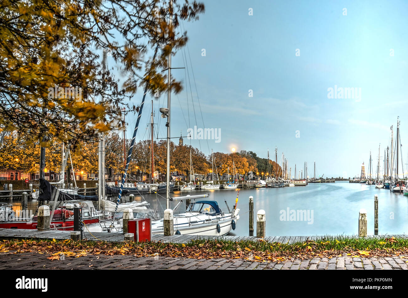 Enkhuizen, Paesi Bassi, ottobre 26, 2015: Moon Rising, non molto tempo dopo il tramonto sopra la marina nel porto esterno rivestito con alberi in autunno col Foto Stock