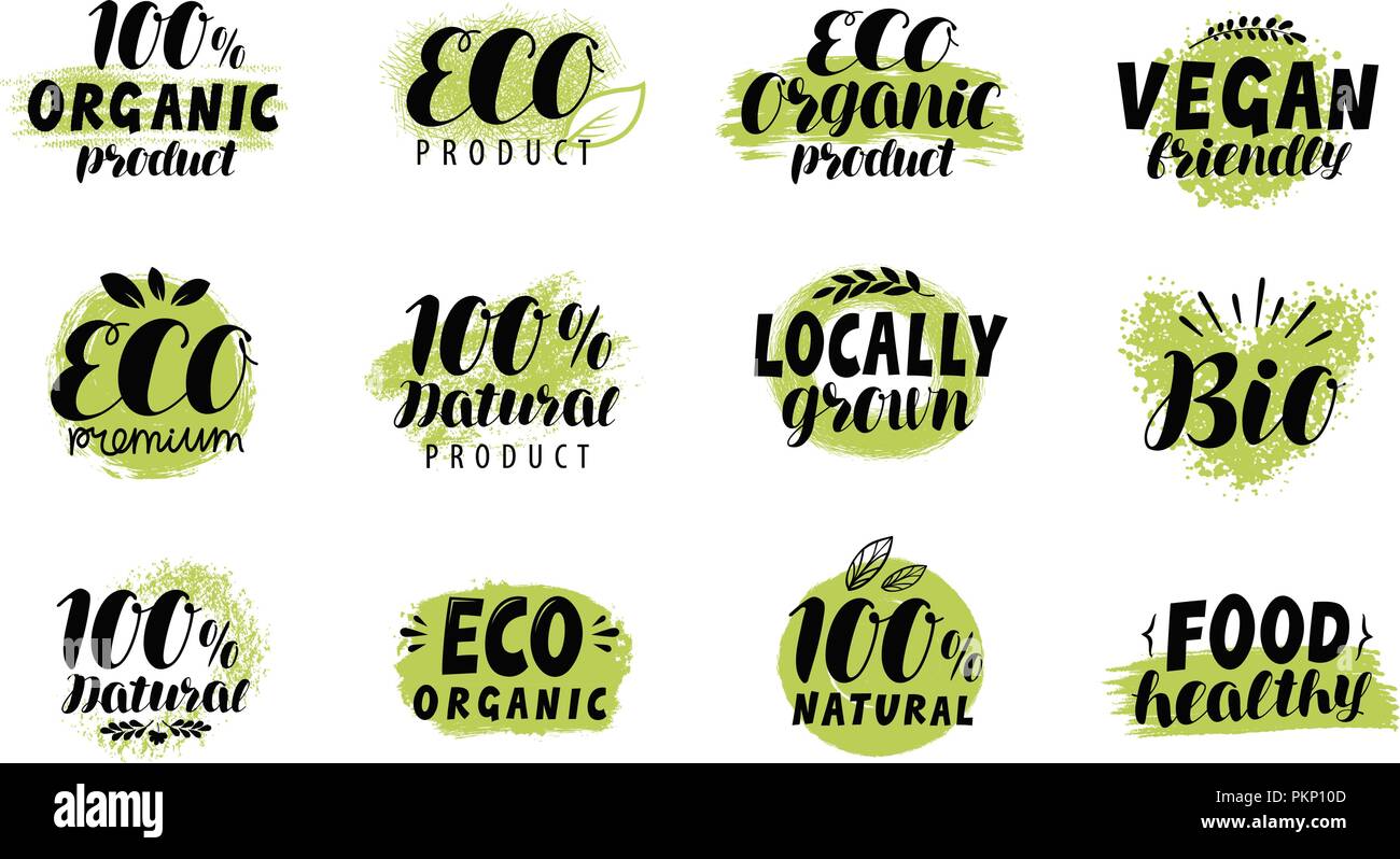 Eco Bio logo. Cibo sano e set di etichette. Lettering del vettore Illustrazione Vettoriale