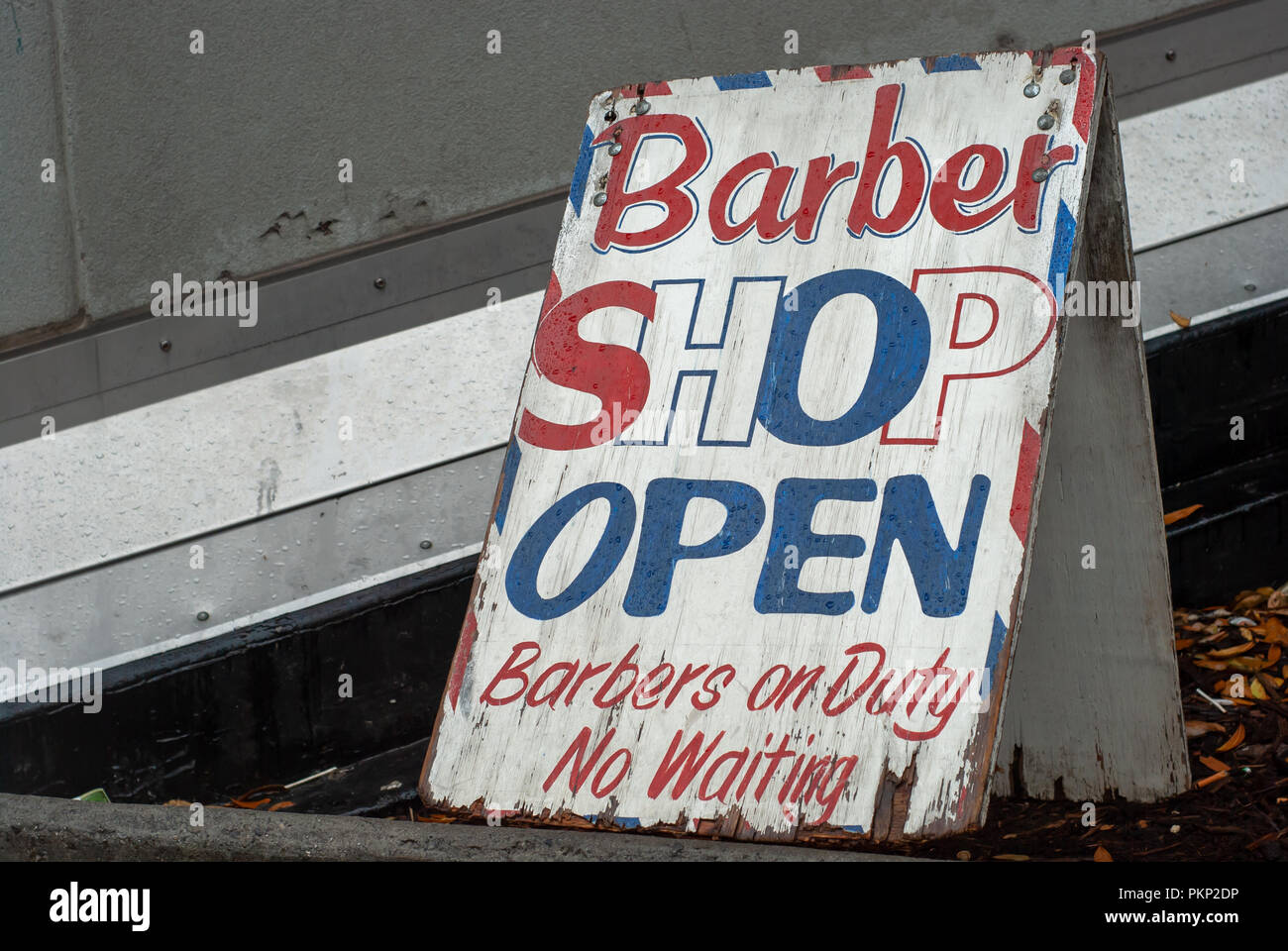 Weathered Barber shop Open Firmare Foto Stock