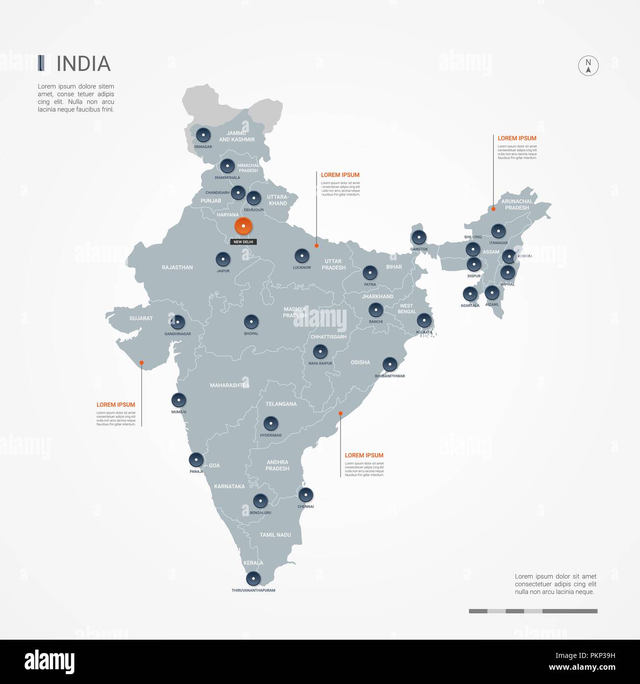 Mappa di India con bordi, città capitale e divisioni amministrative. Infografico mappa vettoriale. Livelli modificabili chiaramente etichettati. Illustrazione Vettoriale