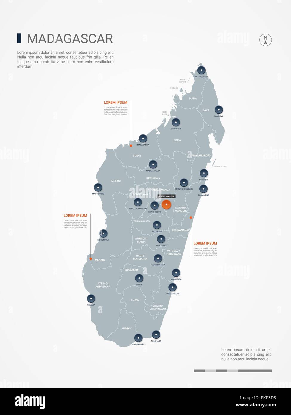 Madagascar mappa con le frontiere, città capitale e divisioni amministrative. Infografico mappa vettoriale. Livelli modificabili chiaramente etichettati. Illustrazione Vettoriale