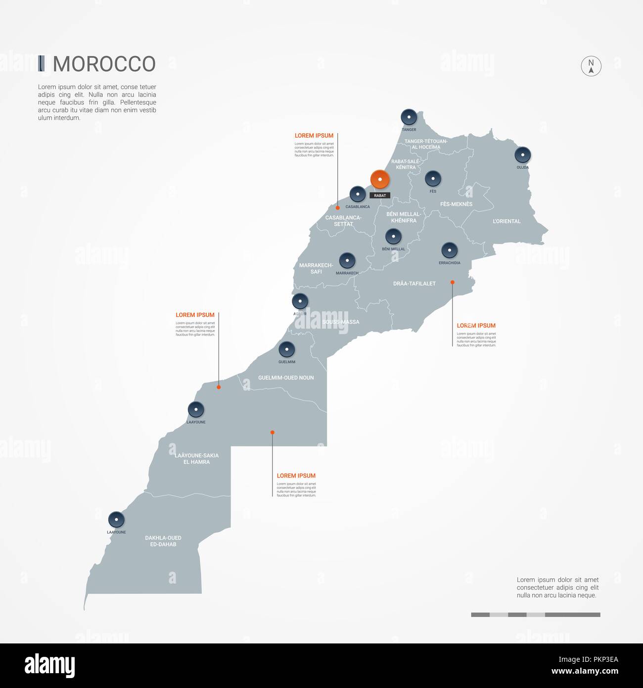 Il Marocco mappa con le frontiere, città capitale e divisioni amministrative. Infografico mappa vettoriale. Livelli modificabili chiaramente etichettati. Illustrazione Vettoriale