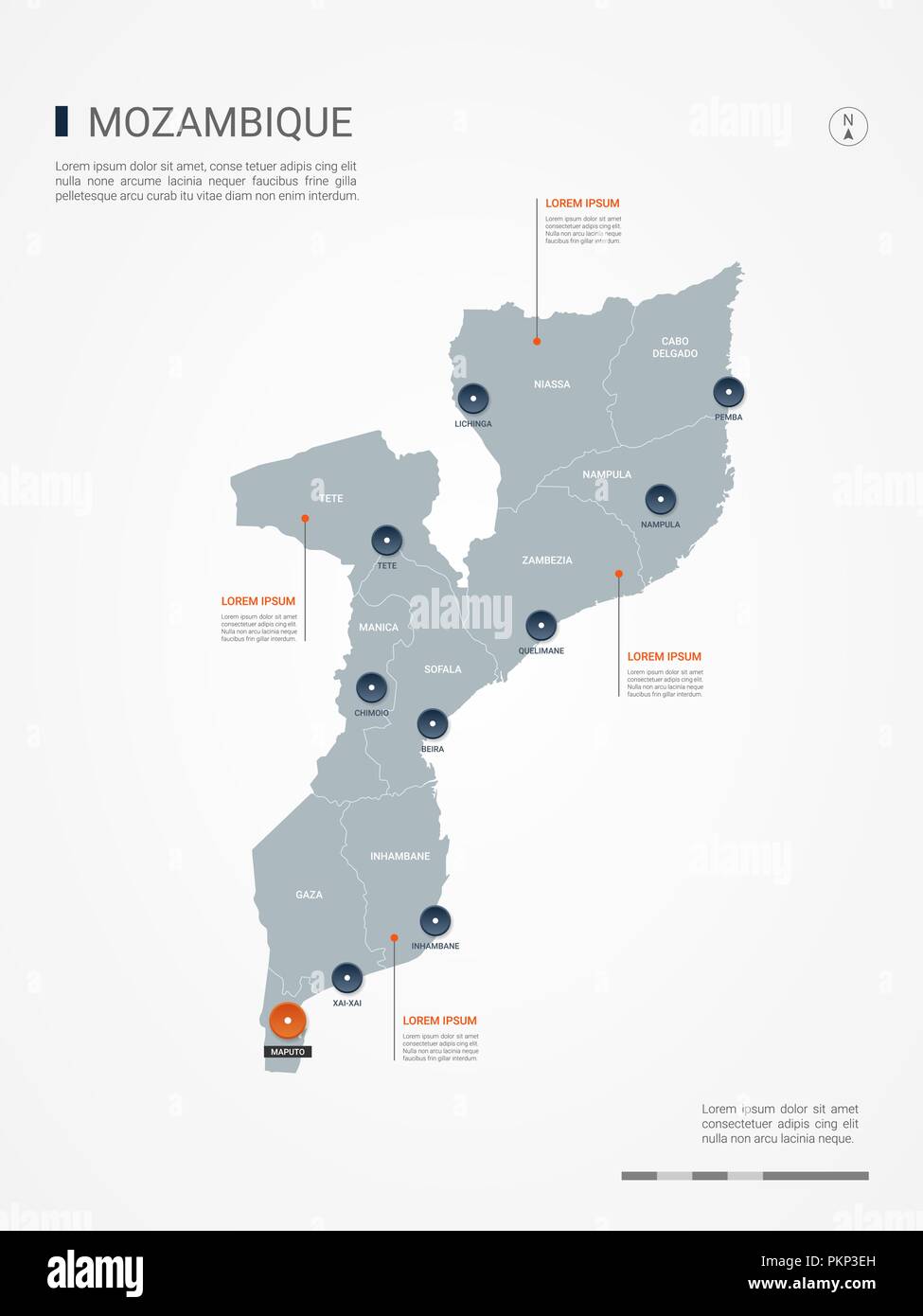 Mappa di Mozambico con bordi, città capitale e divisioni amministrative. Infografico mappa vettoriale. Livelli modificabili chiaramente etichettati. Illustrazione Vettoriale