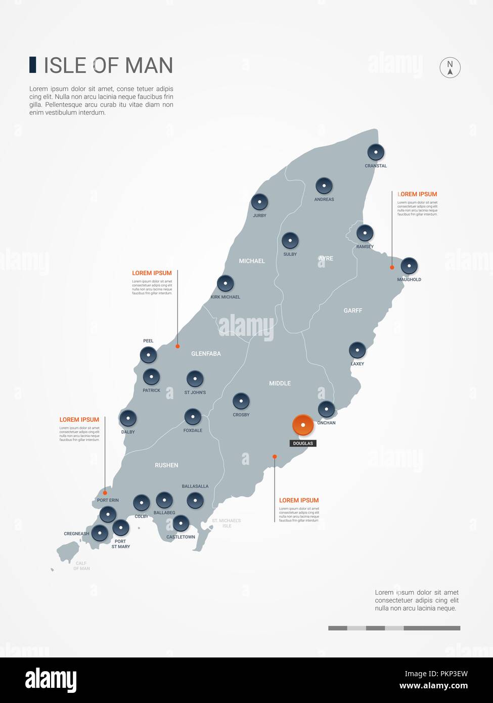 Isola di Man mappa con le frontiere, città capitale e divisioni