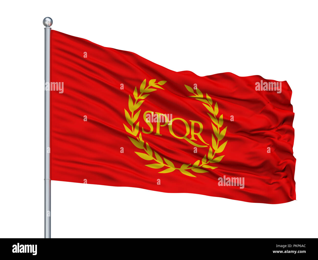 Impero Romano Spqr isolato bandiera su Flagstaff, sfondo bianco, rendering 3D Foto Stock