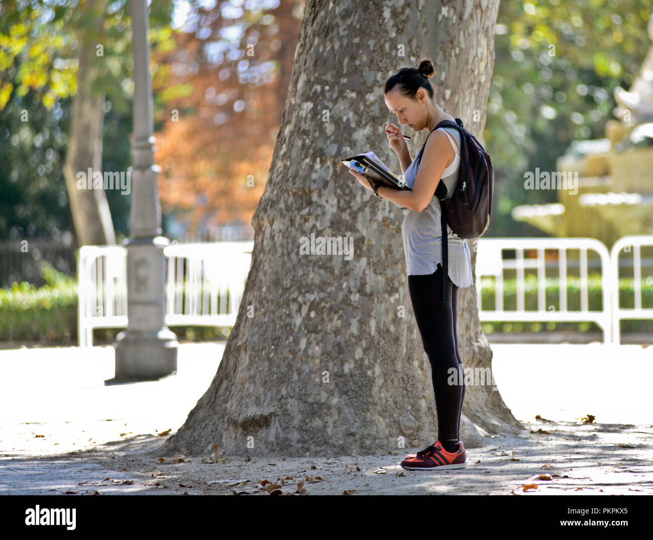 Uno studente facendo il lavoro sul campo e della ricerca. Parque del Buen Retiro, Madrid, Spagna Foto Stock