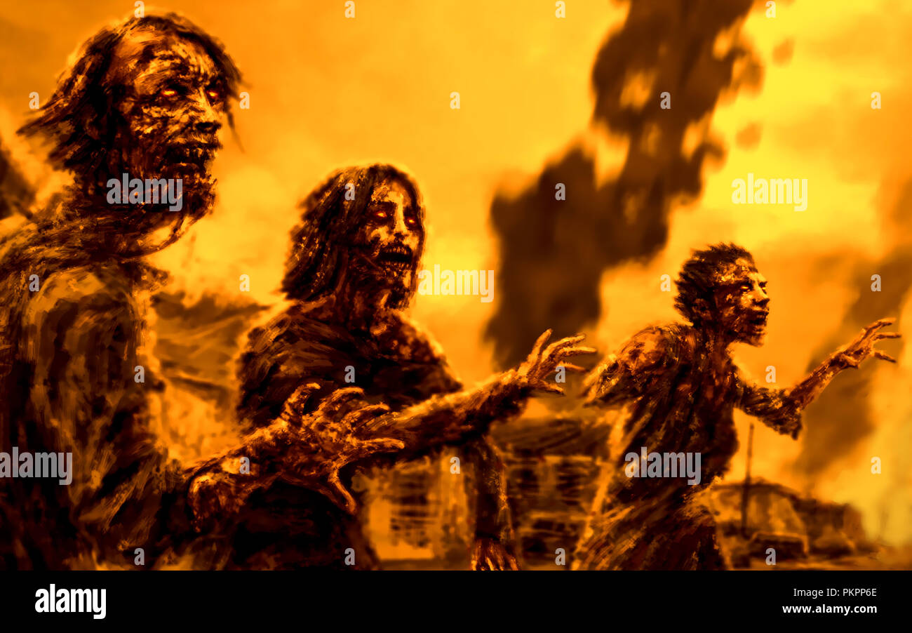 Folla zombie sullo sfondo della città in fiamme. Illustrazione nel genere di orrore. Foto Stock