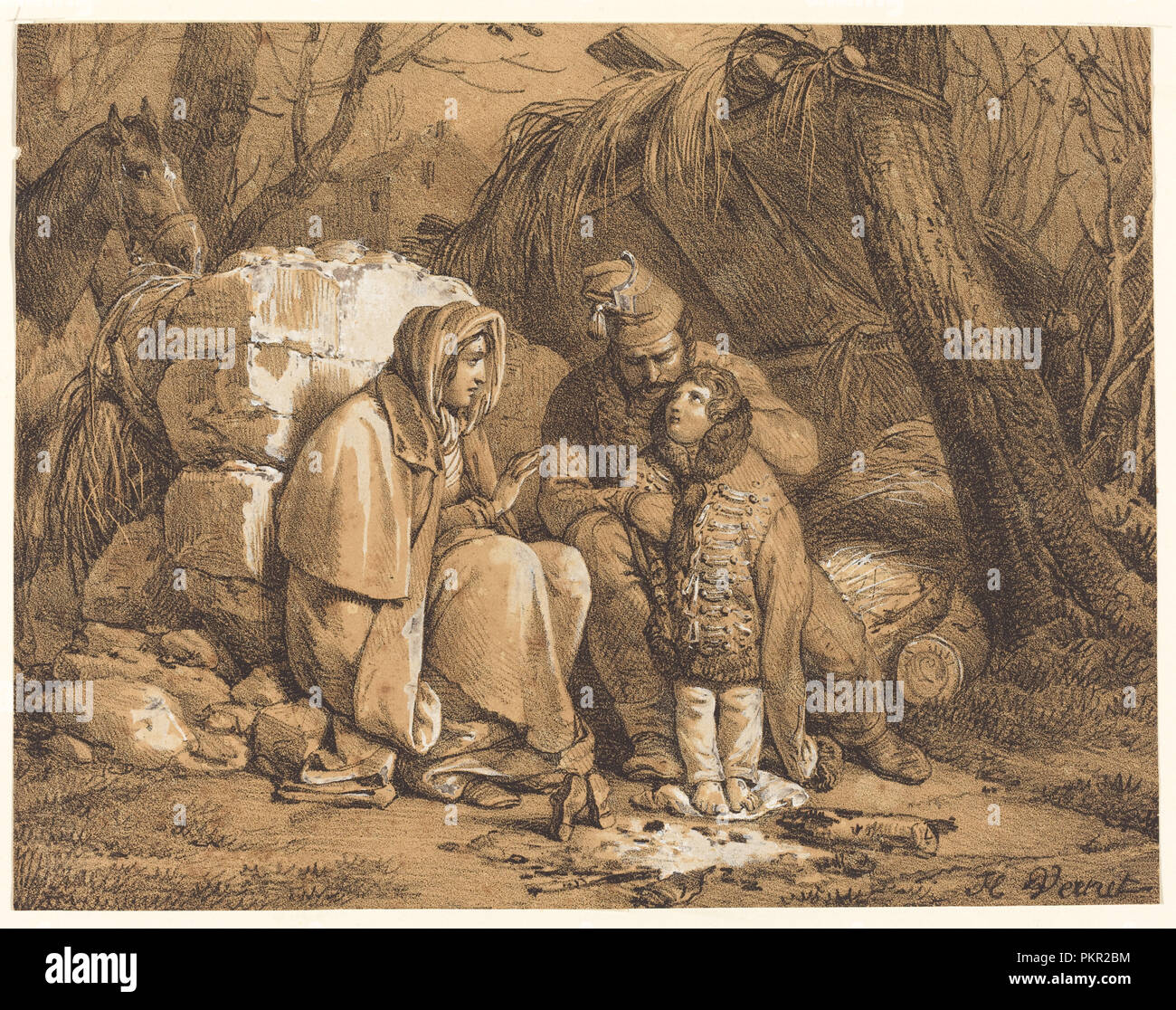 Un soldato famiglia si accamparono. Data: c. 1818. Dimensioni: complessivo: 18,7 x 24,3 cm (7 3/8 x 9 9/16 in.). Medium: litografia su marrone carta intessuta, rafforzata con il bianco guazzo. Museo: National Gallery of Art di Washington DC. Autore: Orazio Vernet. Foto Stock