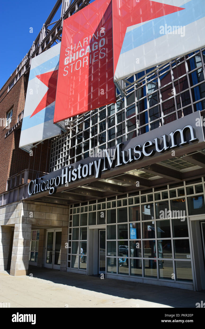 Al di fuori del Clark Street ingresso del Chicago del Museo di Storia della Città Vecchia. Foto Stock