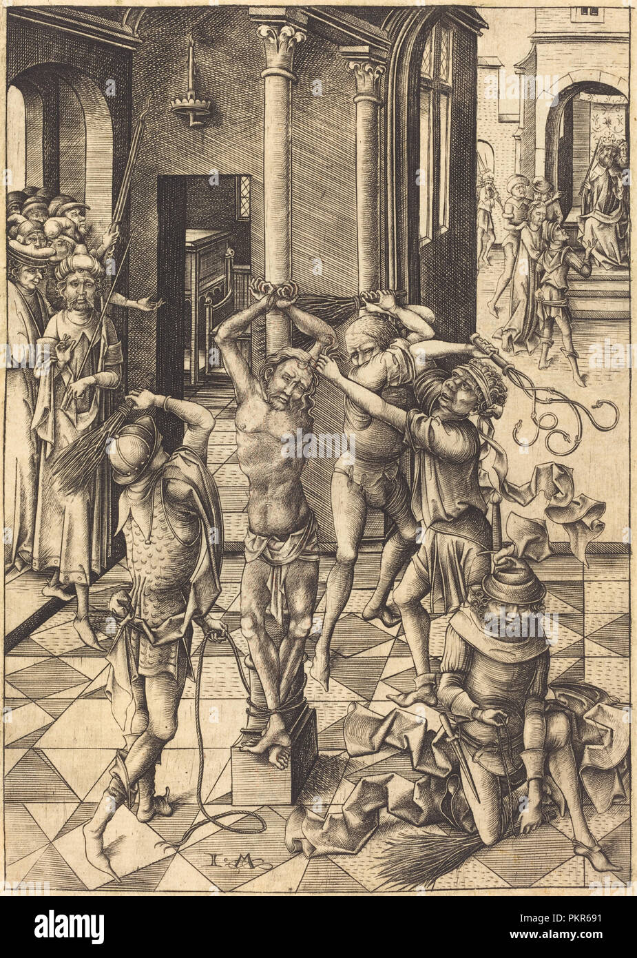 La Flagellazione. Data: c. 1480. Medium: incisione. Museo: National Gallery of Art di Washington DC. Autore: Israhel van Meckenem. Foto Stock