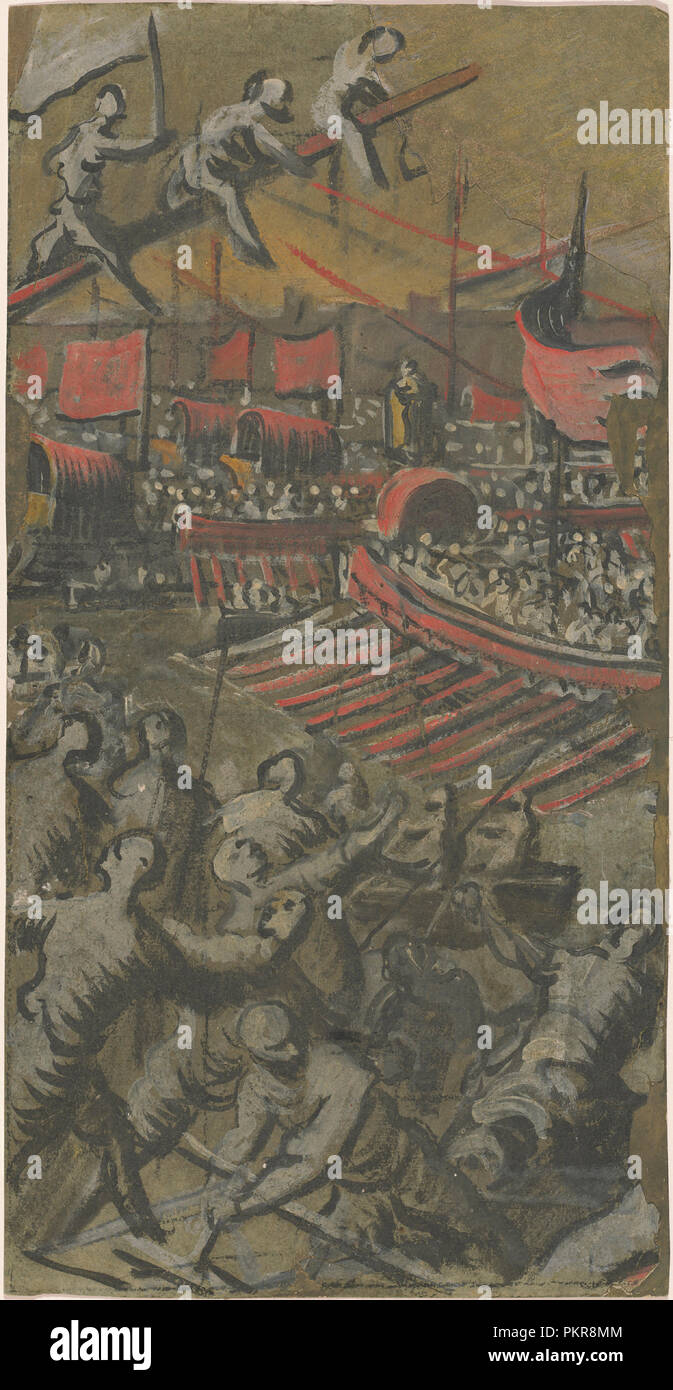 Le navi veneziane attaccano Costantinopoli. Data: 1598/1605. Dimensioni: complessivo: 43 × 22 cm (16 15/16 × 8 11/16 in.). Medium: pennello e tempera su alcuni squadratura in gesso nero su marrone scuro carta (angolo superiore destro e lati irregolari costituito; prevista sulla scheda moderna). Museo: National Gallery of Art di Washington DC. Autore: Domenico Tintoretto. Foto Stock